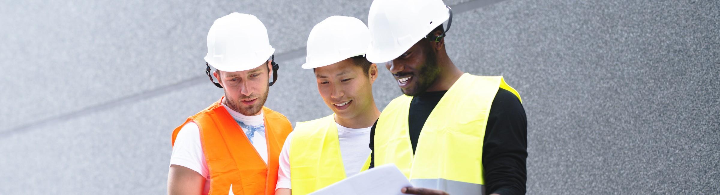 Trois ouvriers du bâtiment regardent un plan